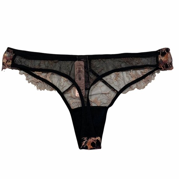 NWT VICTORIA'S SECRET Very Sexy Thong Sz LARGE Black Mesh Lace Metallic Floral - Picture 4 of 7